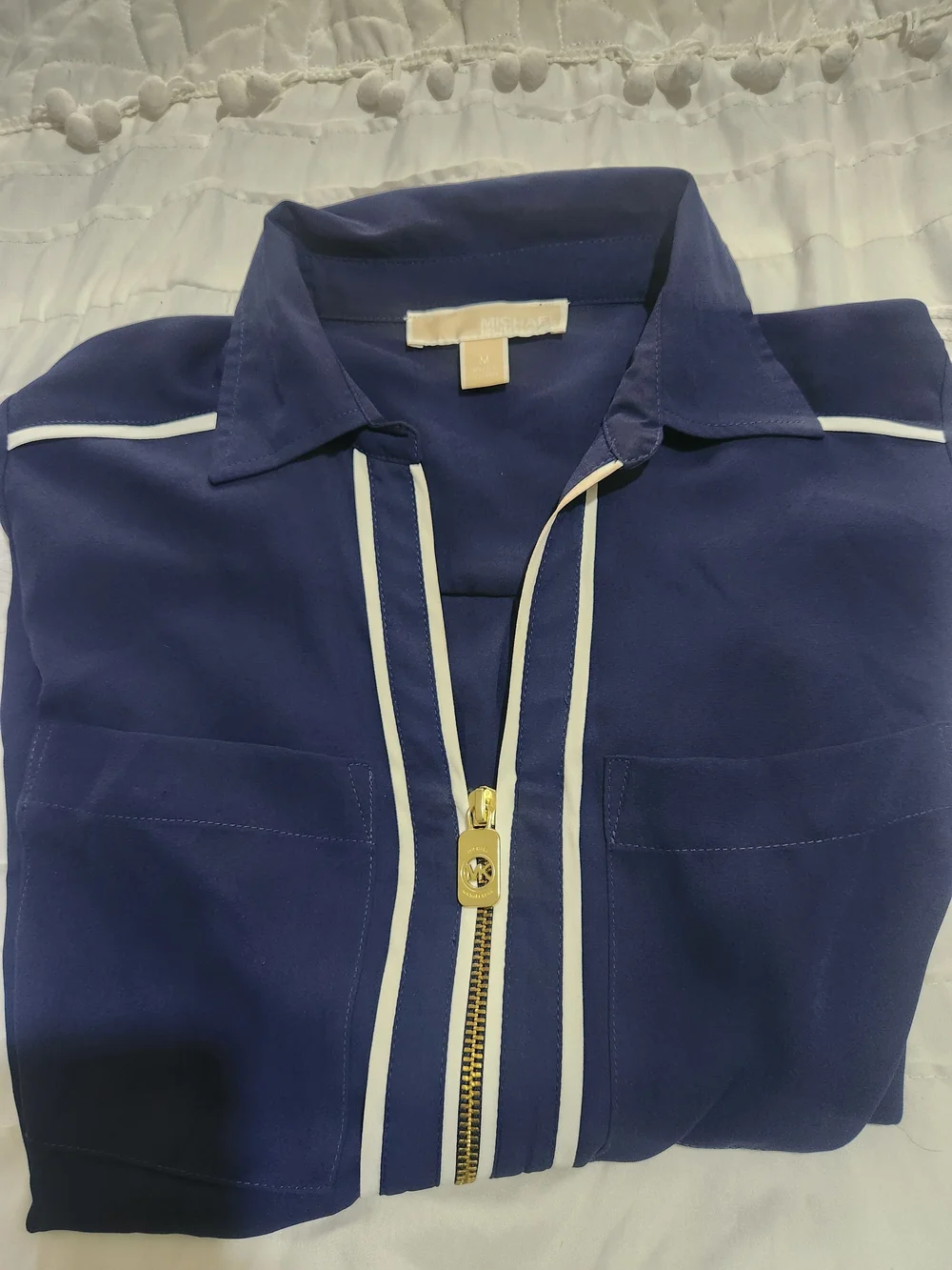 Michael Kors Navy Popover Blouse with White Trim and Gold Zip